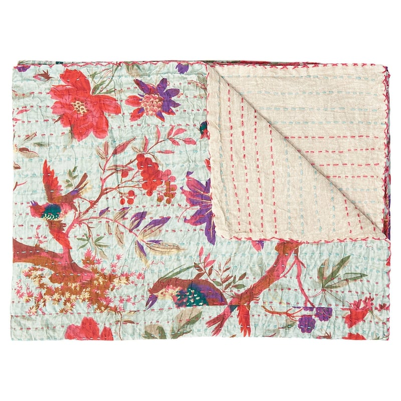 HomeRoots 50" X 70" Pink and Ivory Kantha Cotton Floral Throw Blanket with Embroidery