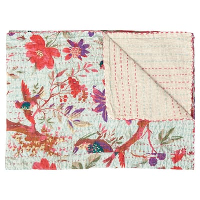 HomeRoots 50" X 70" Pink and Ivory Kantha Cotton Floral Throw Blanket with Embroidery
