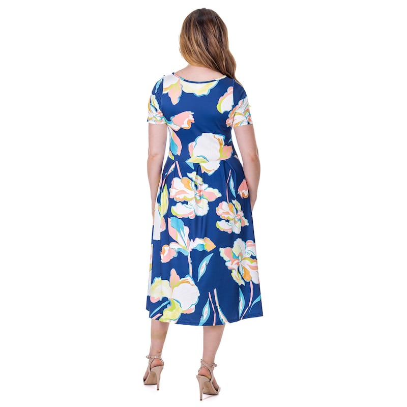 24seven Comfort Apparel Womens Blue Floral Short Sleeve Pleated Flare Midi Pocket Dress