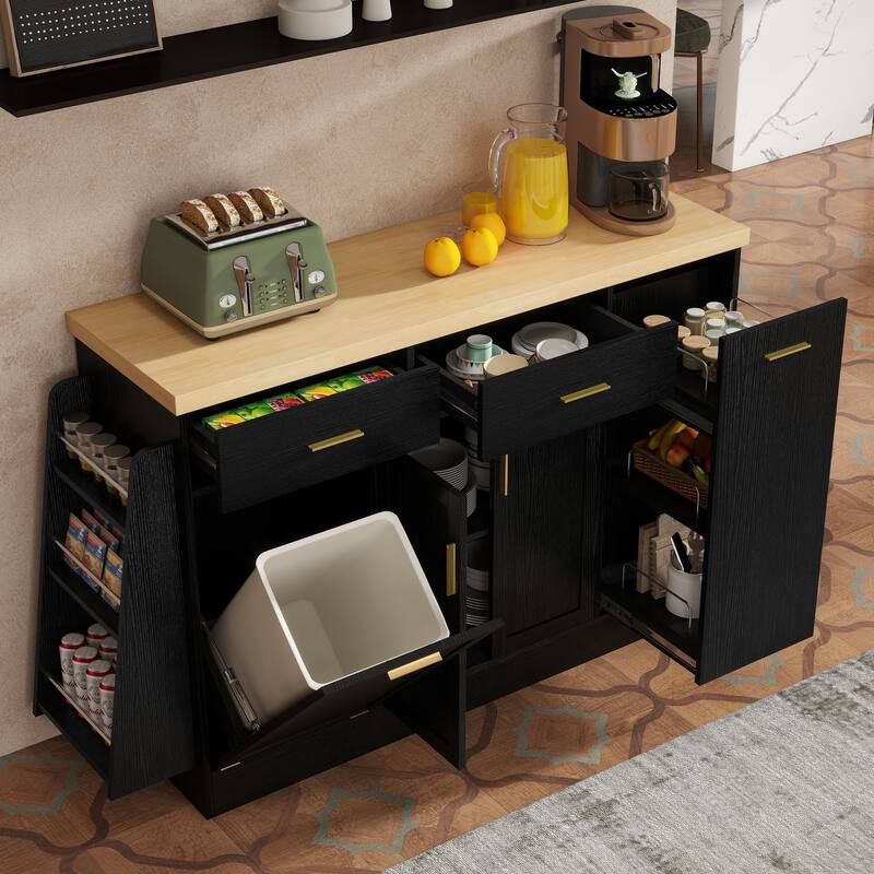 Two-Tone Design Sideboard Buffet Storage Cabinet Kitchen Island Table with Hidden Trash Cabinet & 3-Tier Spice Rack