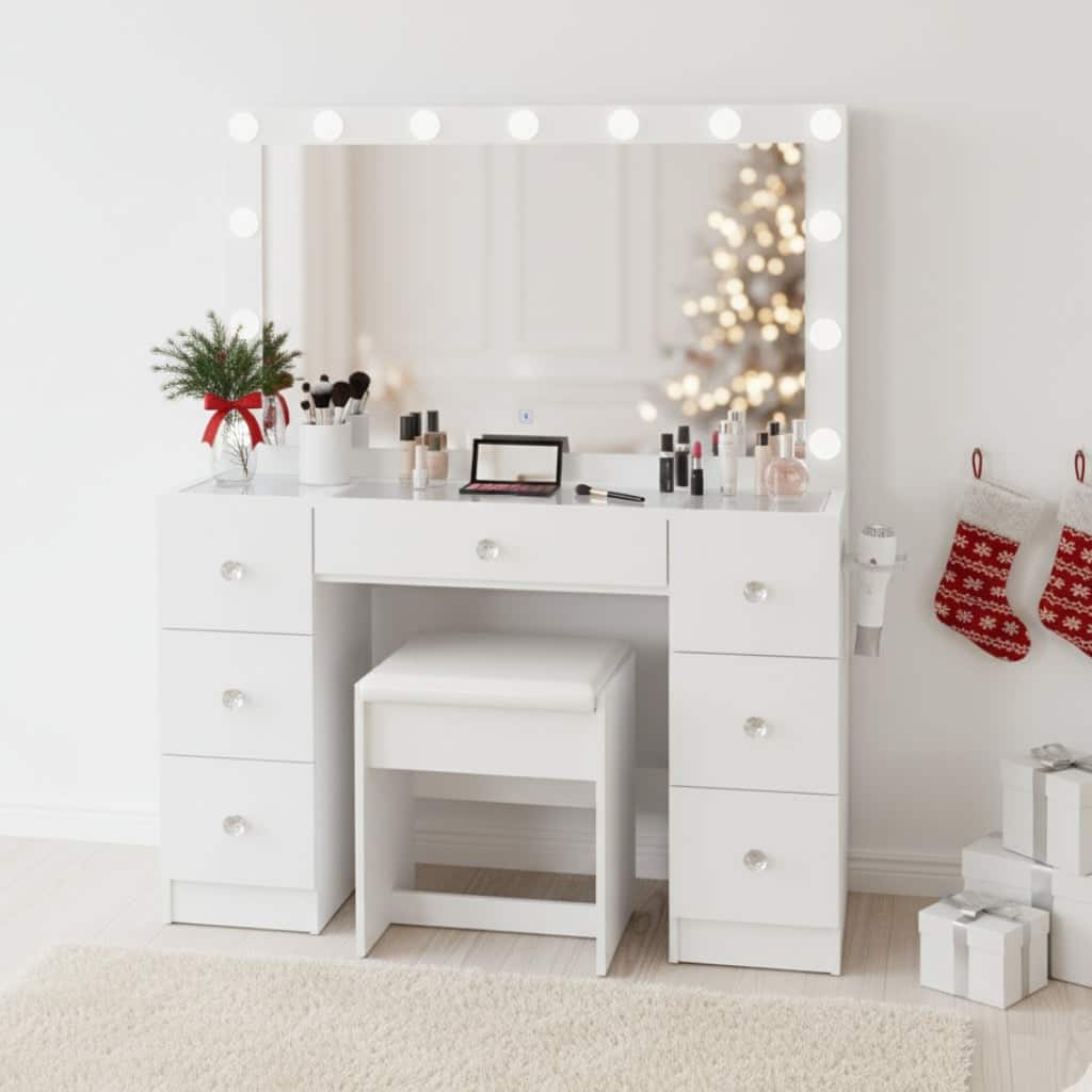 Modern White Makeup Vanity Desk with 13 Dimmable Lights, Glass Top, USB-A & USB-C, 7 Drawers, Hair Dryer Holder, and Stool