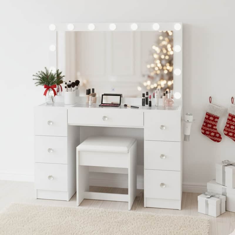 Modern White Makeup Vanity Desk with 13 Dimmable Lights, Glass Top, USB-A & USB-C, 7 Drawers, Hair Dryer Holder, and Stool
