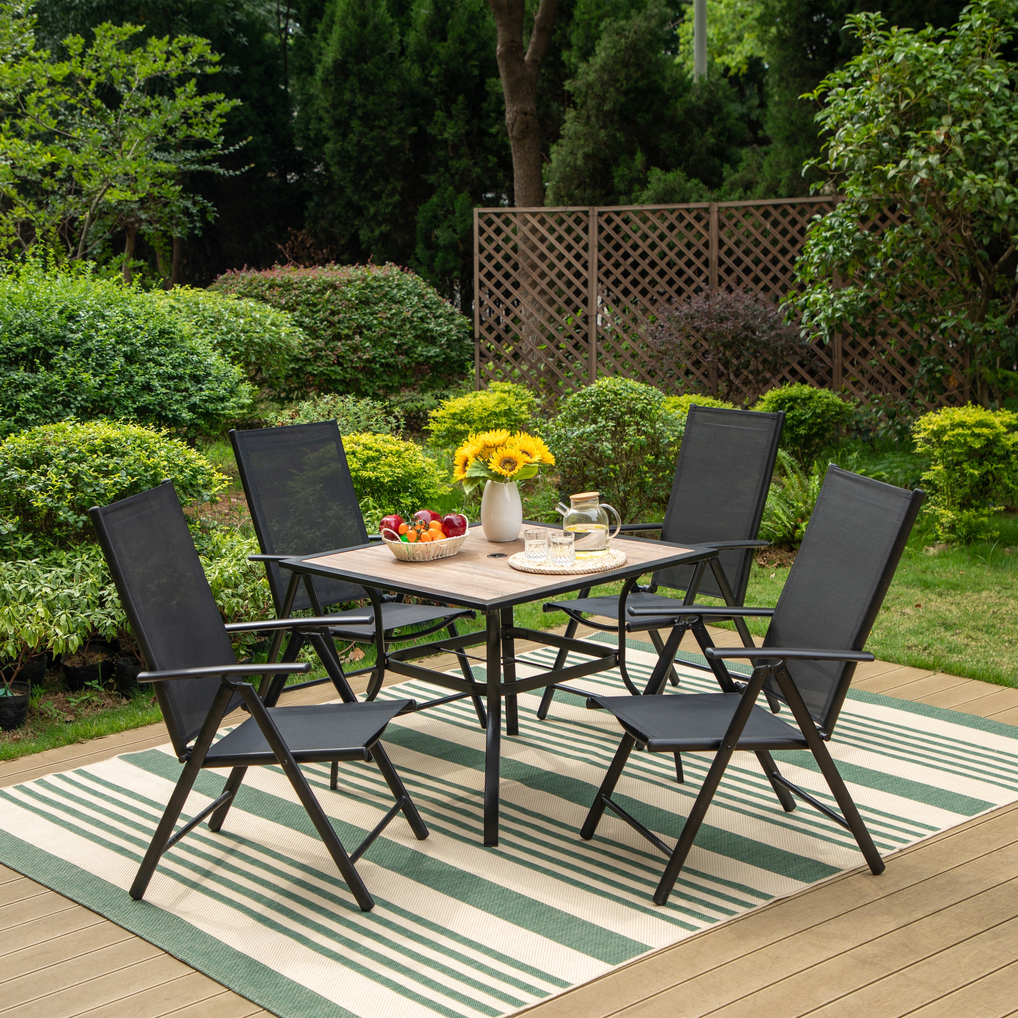 MFSTUDIO 5 Pieces Dining Set 4 x Reclining Folding Sling Dining Chairs and 1 x Table with an Umbrella Hole