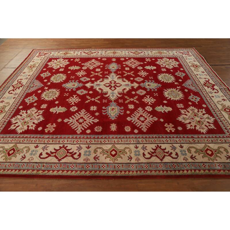 Hand Knotted Oriental 100% Wool Carpet Traditional Geometric Red Kazak Area Rug - 9' 3'' X 8' 5''