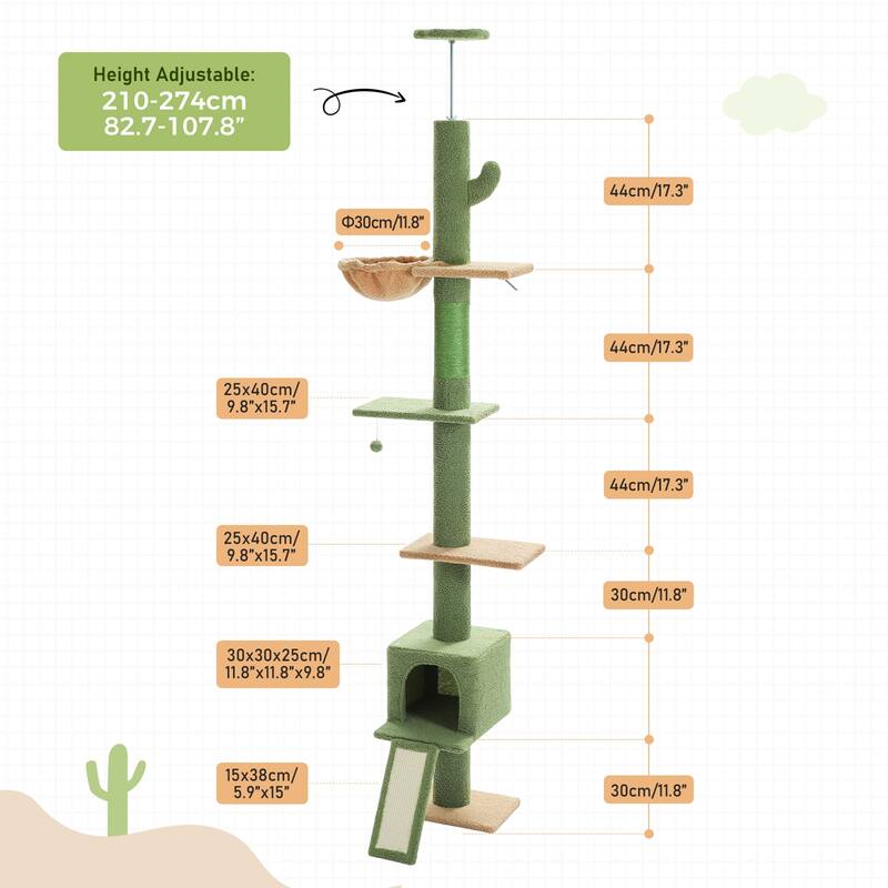 Adjustable Height Floor to Ceiling 5-Tier Tall Cat Tree Tower for Indoor Cats with Cat Condo, Cat Scratching Post and Cat Ladder