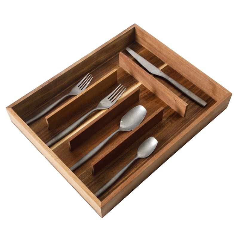 Bloomhouse 20 Piece Flatware 18/10 Stainless Steel Silverware Cutlery Utensil Set With Acacia Wood Caddy - Service for 4
