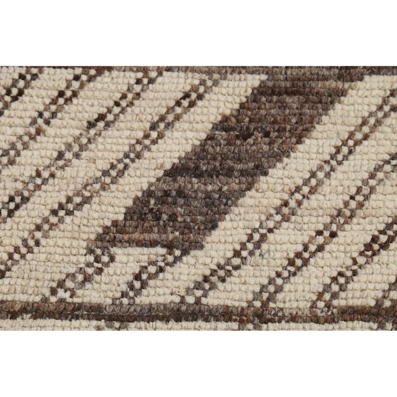 Geometric Ivory Moroccan Oriental Runner Rug Hand-Knotted Wool Carpet - 3'10"x 12'7"