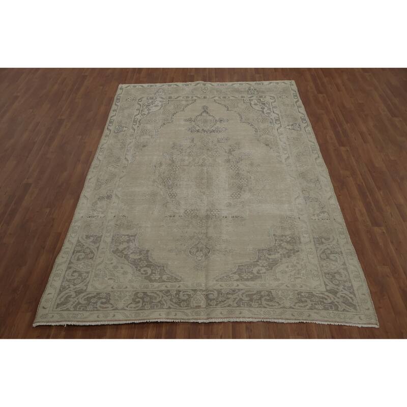 Hand Knotted Oriental 100% Wool Carpet Traditional Medallion Beige & Ivories Tabriz Area Rug - 10' 0'' X 6' 11''