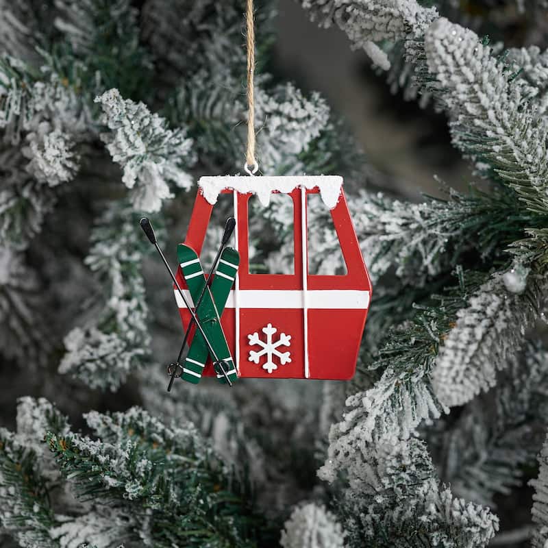 Set of 12 Red and White Metal Gondola Ornaments with Ski Poles for Rustic Christmas Tree Decor - 3.75”L x 0.25”W x 4”H