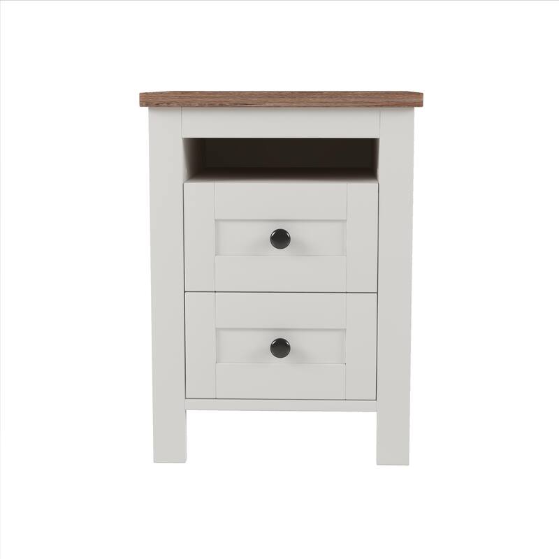 2-Drawer Farmhouse Nightstand with Built-in Open Shelf Storage Wood Side Table Storage Cabinet for Bedroom