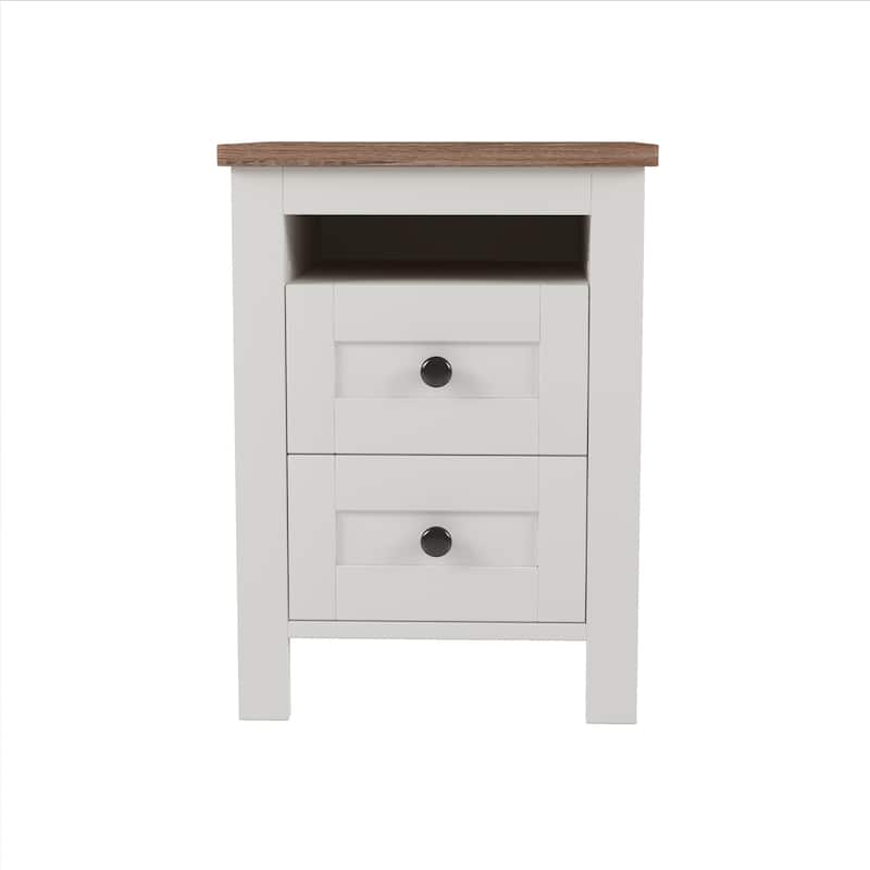 2-Drawer Farmhouse Wooden Nightstand with Storage Cabinet, White+Brown