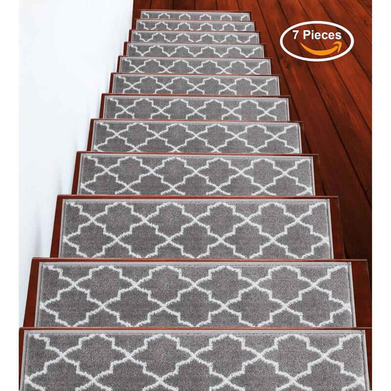 SUSSEXHOME Geometric Stair Treads with Easy to Install Double Adhesive Tape 9" x 28" - 10-PACK - Gray