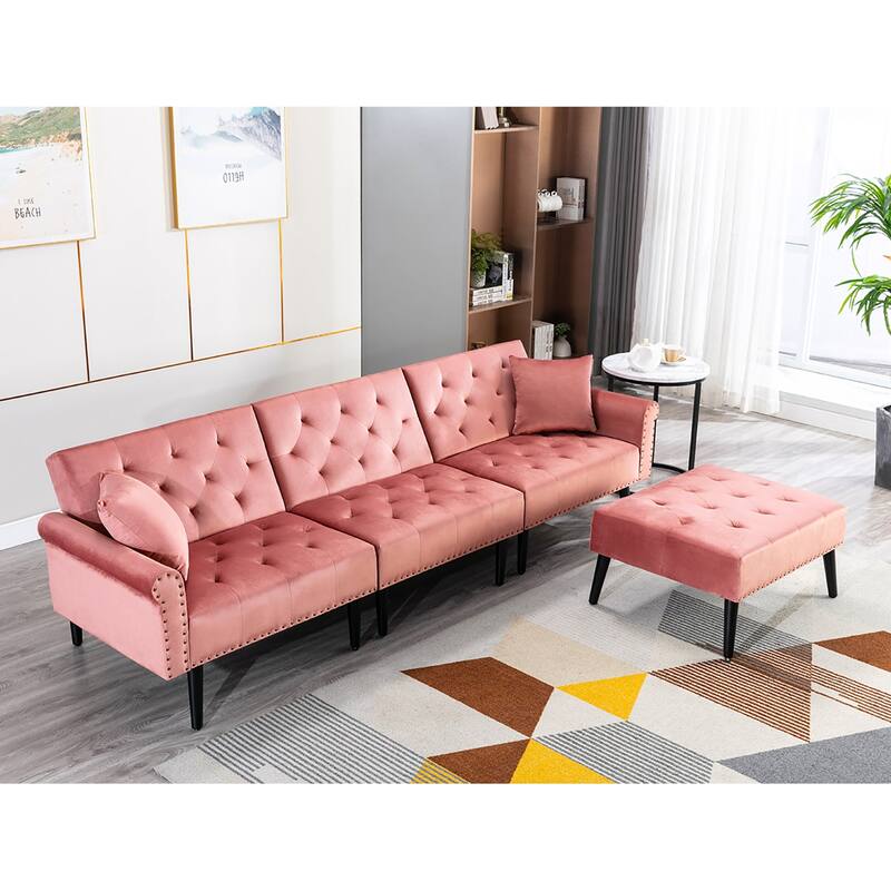 Convertible Velvet Sofa Couch, Sectional Sofa with Ottoman, Mid-Century Futon Sofa Bed - 32"D x 100.7"W x 29.9"H - Pink