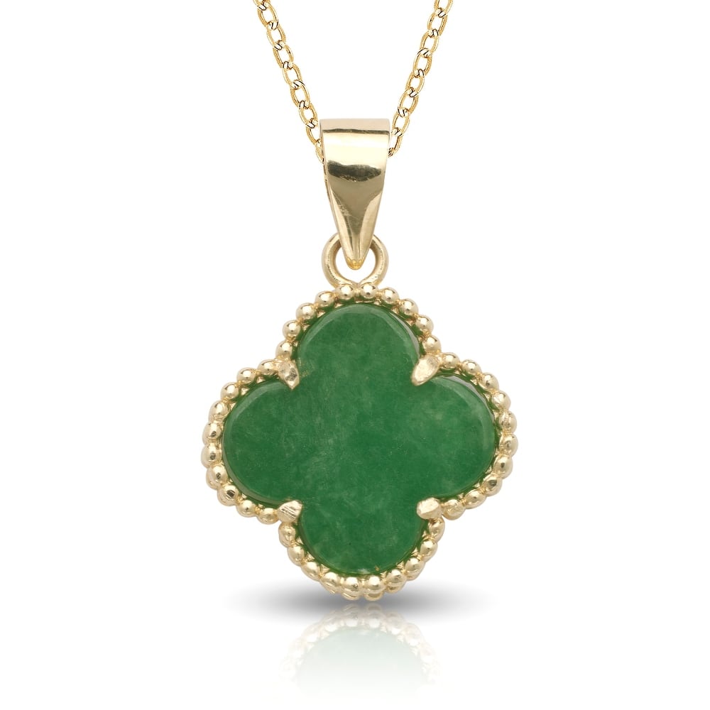 Curata 14k Yellow Gold 18" Black Onyx, White Pearl or Green Jade Four-Leaf Clover Pendant Necklace (13mm x 20mm) - 30mm x 35mm