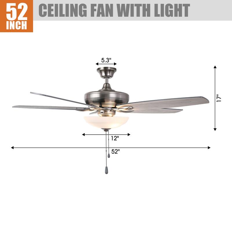52" Traditional Antique Silver Frosted Glass Ceiling Fan with Light and Pull Chain