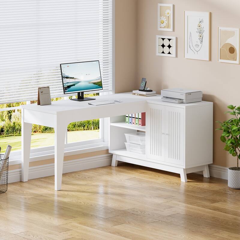 57'' Wood L-Shaped Corner Computer Desk Writing Table with Cabinet