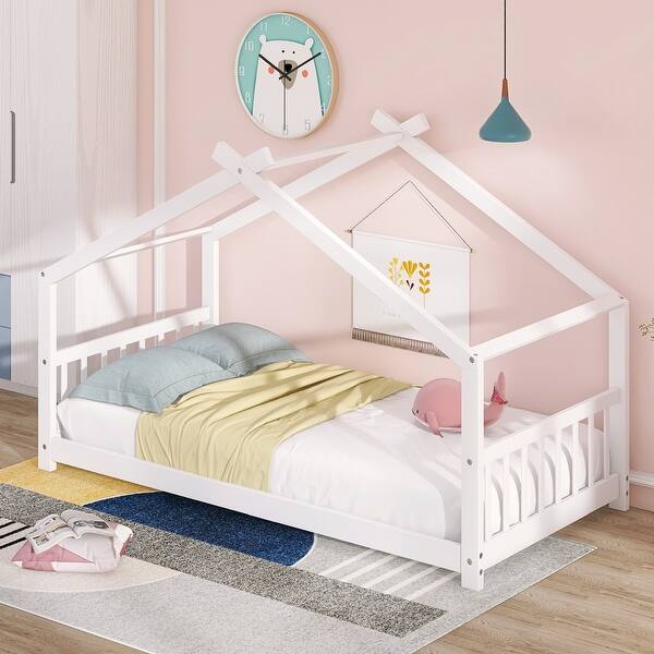 slide 2 of 10, Twin Size Wooden House Bed with Playhouse Design , Sturdy Pine Frame, Semi-Enclosed for Comfortable Sleep White