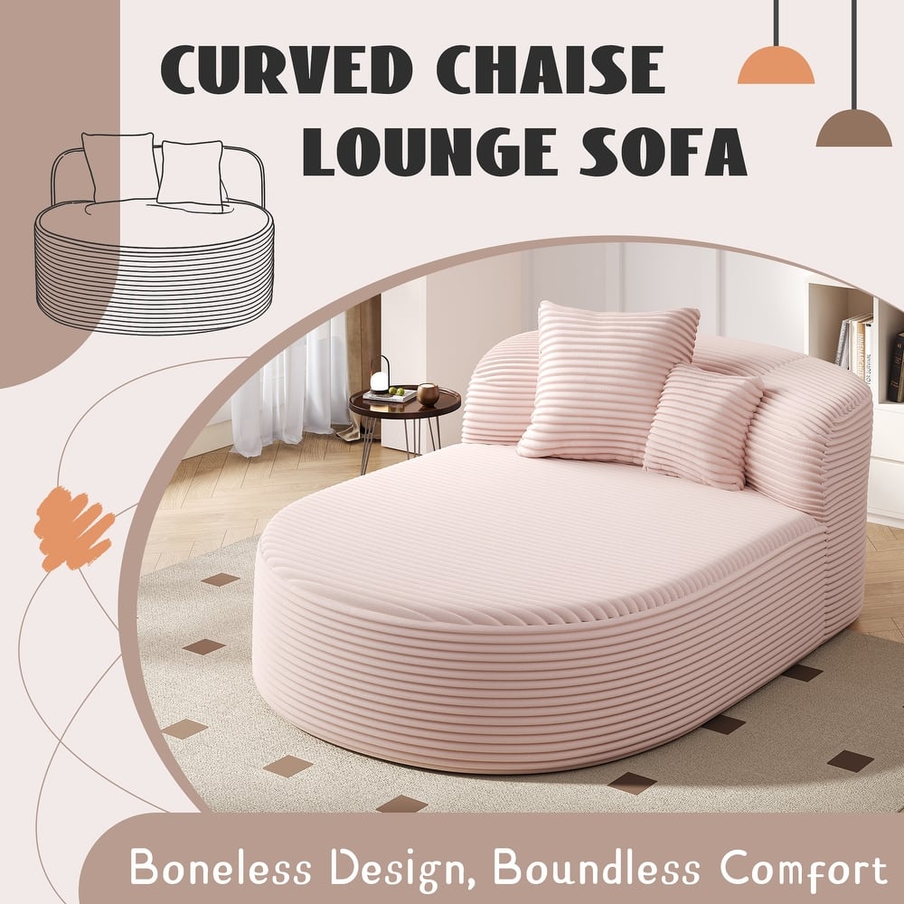 Curved Chaise Lounge Sofa with 2 Pillows, Corduroy Upholstered Sofa Bed Extra-deep Seat Single Sofa Recliners Boneless Couch