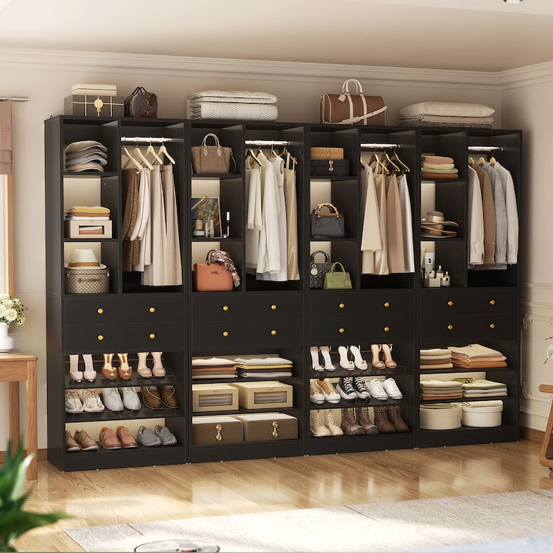 27.7'' Closet Organizer with Shoe Racks and Drawers, Closet System with Hanging Rod and Adjustable Shelves