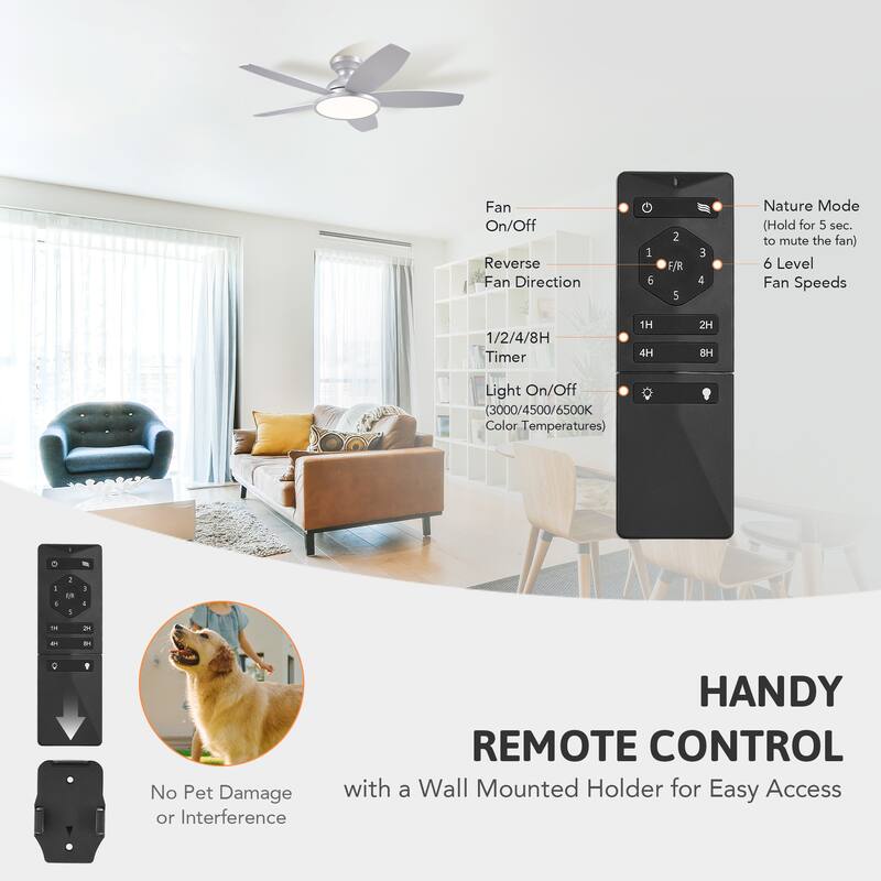 42" 5 - Blade Low Profile Flush Mount LED Ceiling Fan with Light Kit and Remote