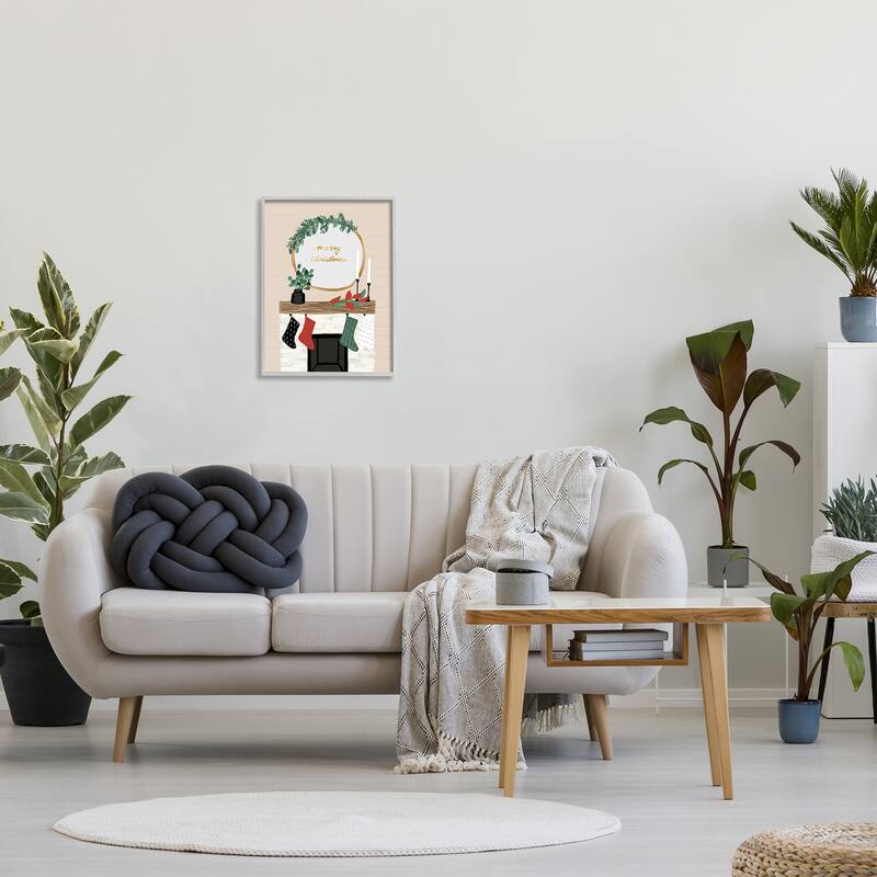 Stupell Merry Christmas Festive Holiday Fireplace Mantle Framed Wall Art - Beige
