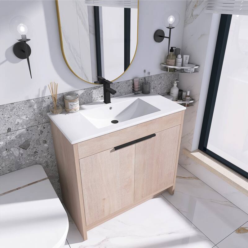 Freestanding Plywood Bathroom Vanity Set in Plain Light Oak with Integrated Sink
