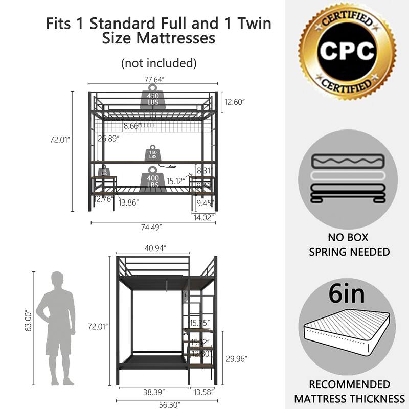 Full Over Twin Bunk Bed with Desk and Charging Station and Shelves and Metal Wire Mesh Panel with Hooks,Safety Guard & Stairs