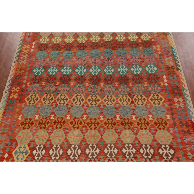 Geometric Kilim Large Rug Flatweave Dining Room Wool Carpet - 10'4"x 15'9"