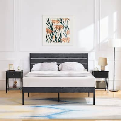 3-Pieces Bedroom Set Platform Bed Frame and Nightstands Set of 2,Black Set