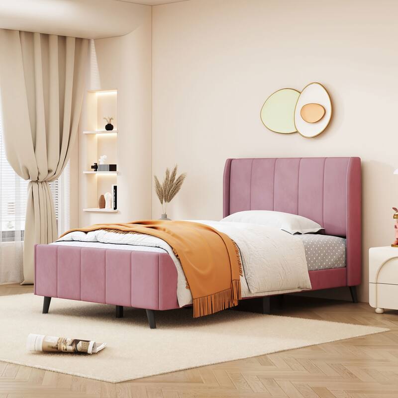 Twin/Full/Queen Size Velvet Upholstered Platform Bed Frame with Headboard and Wooden Slats Support, No Box Spring Needed - Pink - Twin