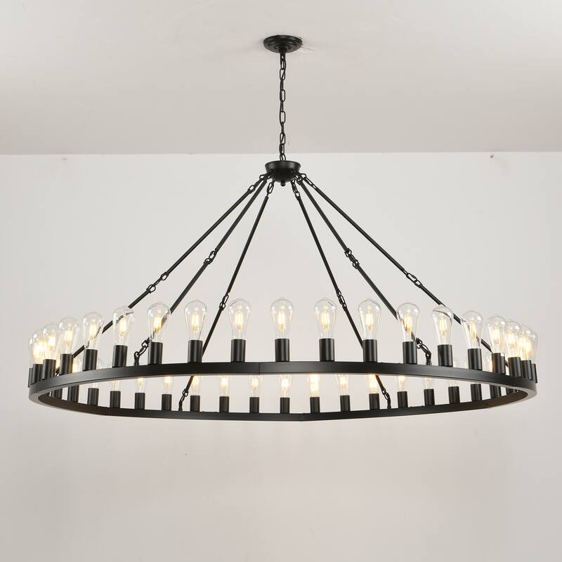 64 Inch Black Extra Large Chandelier, 42-Lights Industrial Round High Ceiling Pendant Light Adjustable Chain,-E26