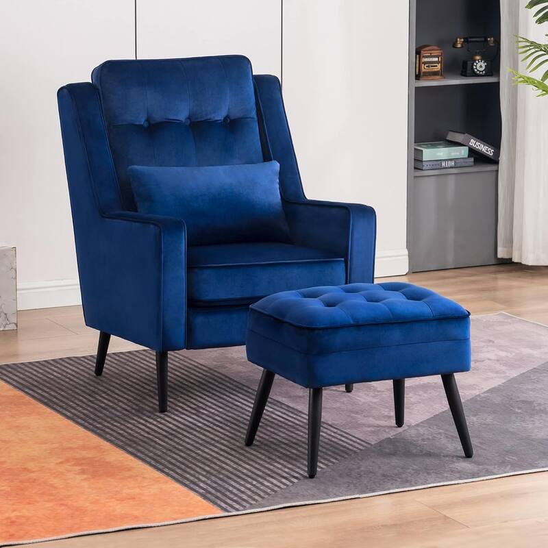 MCombo Modern Accent Club Chair with Ottoman, Velvet Upholstered Armchair with Lumbar Pillow 4278 - Dark Blue