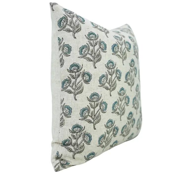 Fabdivine Handmade Floral Blue Viscose Linen Block Print Cushion Case
