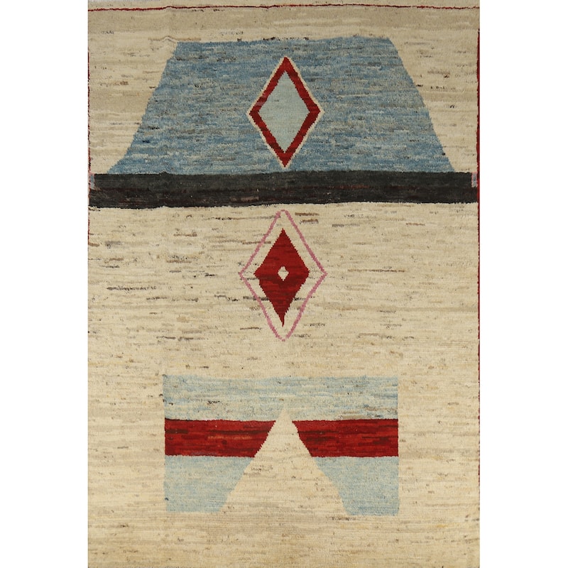 Geometric Moroccan Oriental Area Rug Handmade Beige Wool Carpet - 6'11" x 9'4"