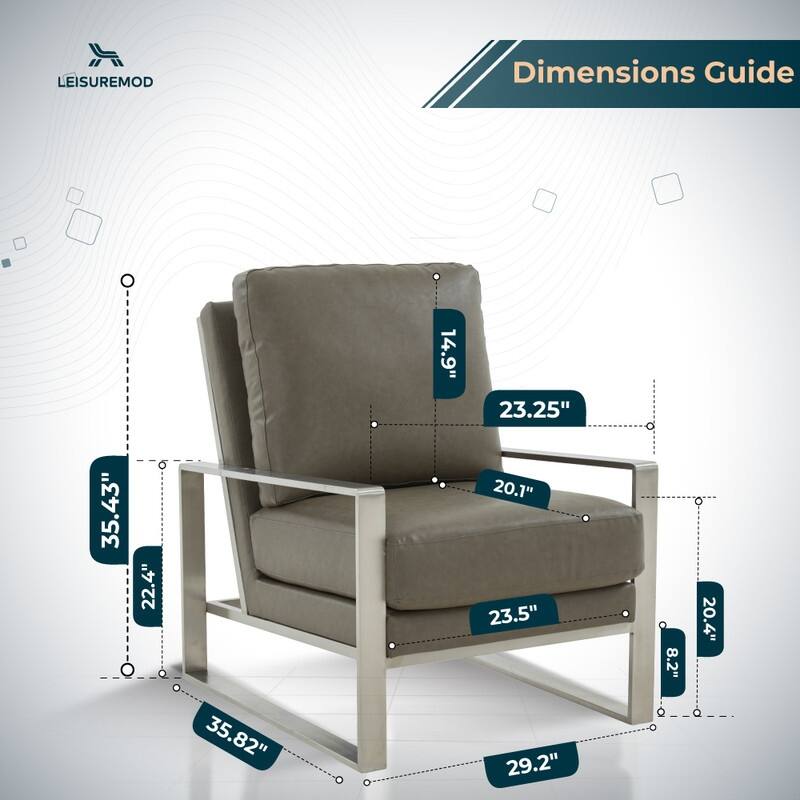 Jefferson Modern Leather Accent Chair with Brushed Silver Frame, Plush Cushions, and Scratch-Resistant for Home or Office - 29.2