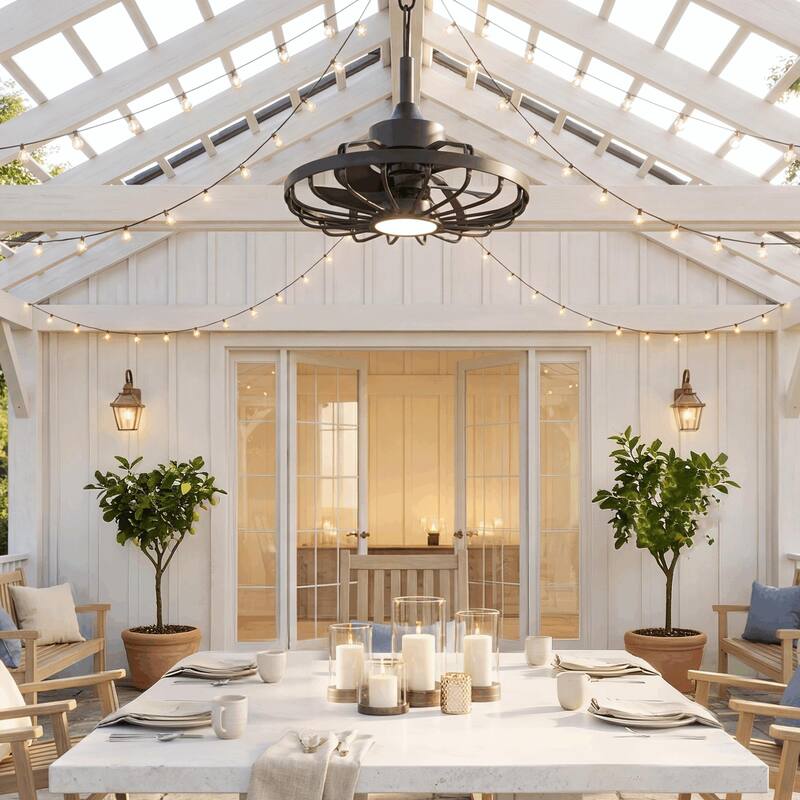 20" Outdoor Ceiling Fan with Light, 6-Speed Reversible Motor, Waterproof Caged Fan for Patio, Gazebo, Kitchen.
