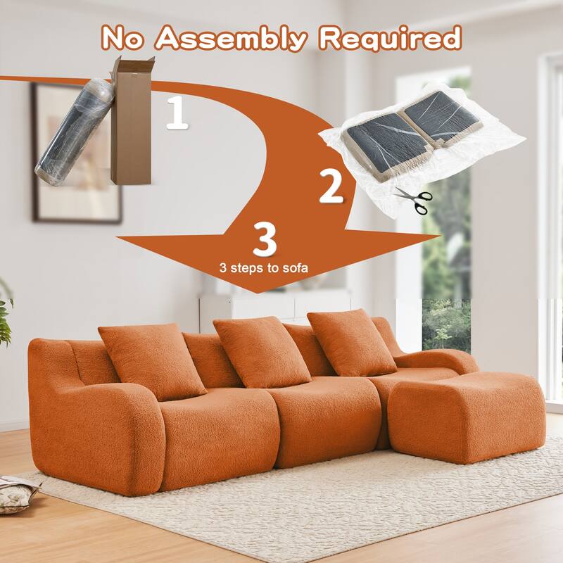 Roomfitters 3-Seat Teddy Fabric Boneless Sofa with Chaise, No Assembly 32D Sponge Couch