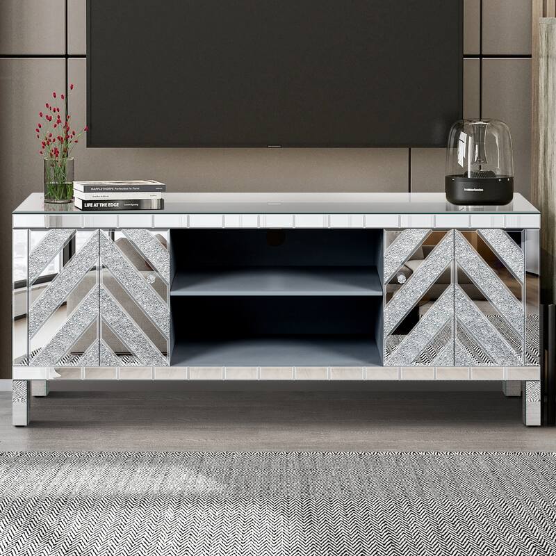47 Inch Mirror TV Media Console with Diamond Glass Doors, Dual Door Design with Open Storage Space, Compatible with 50-Inch TVs - Silver
