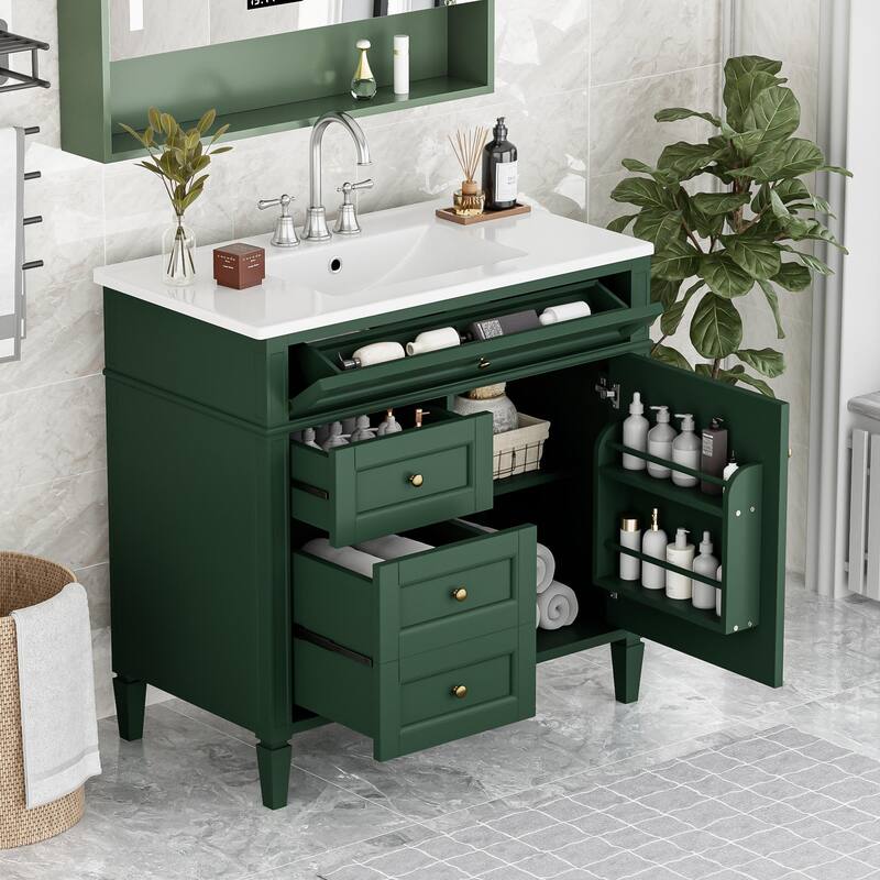 GDFStudio - Carradine Modern Freestanding Bathroom Vanity with Ceramic Sink and 2 Drawers & a Tip-out Drawer - 36'W