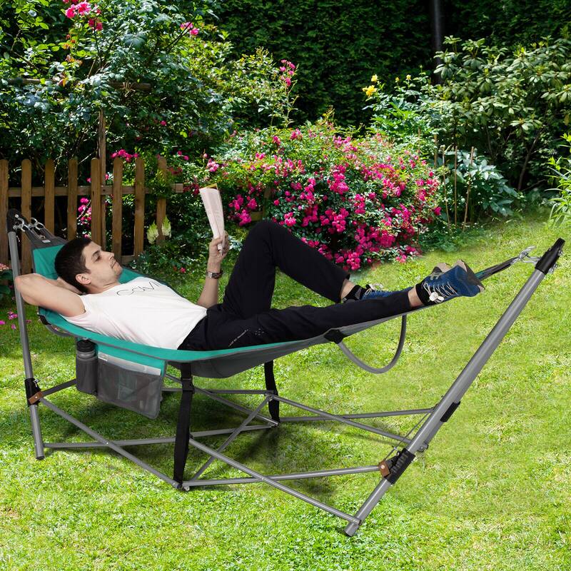 Gymax Folding Hammock Indoor & Outdoor Hammock with Side Pocket & Iron
