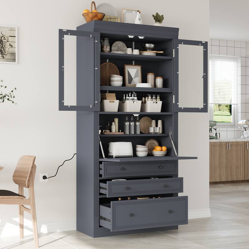 Roomfitters 78 Inch Tall Kitchen Pantry Storage Cabinet with Power Outlet and Drop-Down Surface