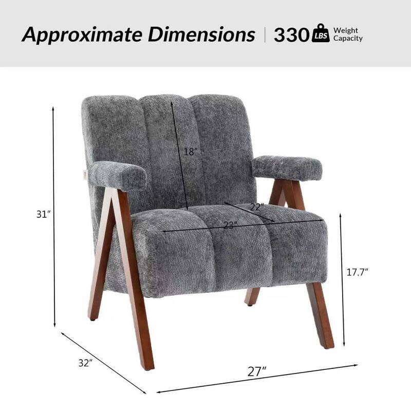 Mid Century Modern Accent Chair, Chenille Armchair with Solid Wood Legs, Channel Tufted Comfy Reading Chair for Living Room
