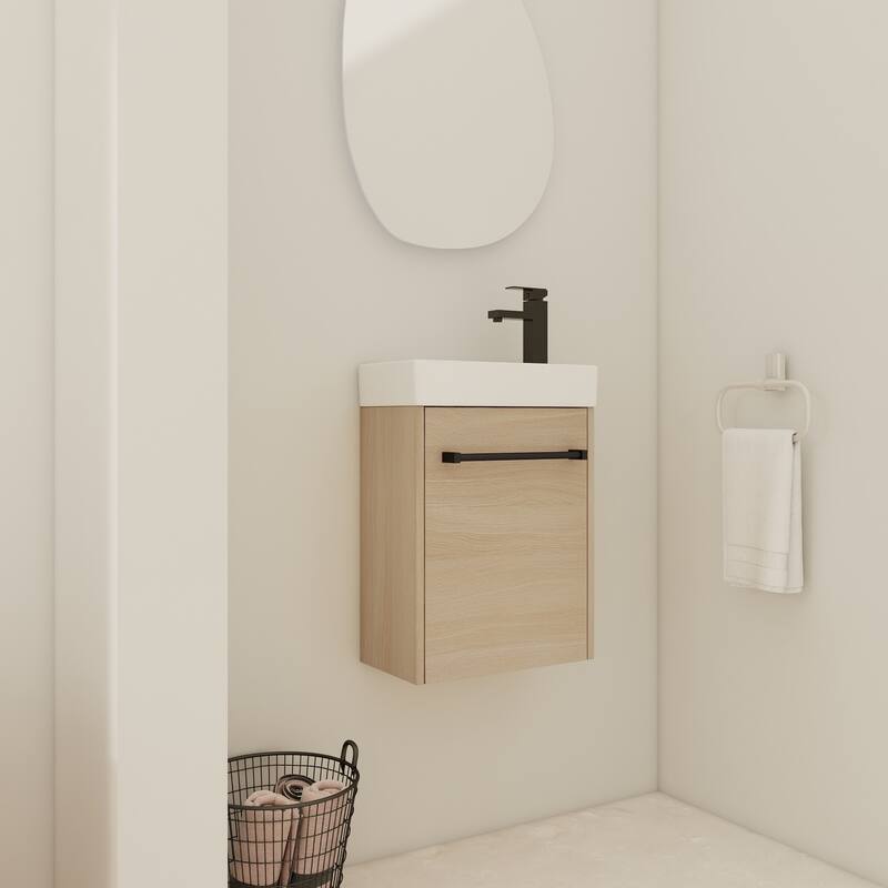 16" Wall-Mounted Bathroom Vanity with Carrara White Ceramic Sink, Soft-Close Doors, and Ample Storage