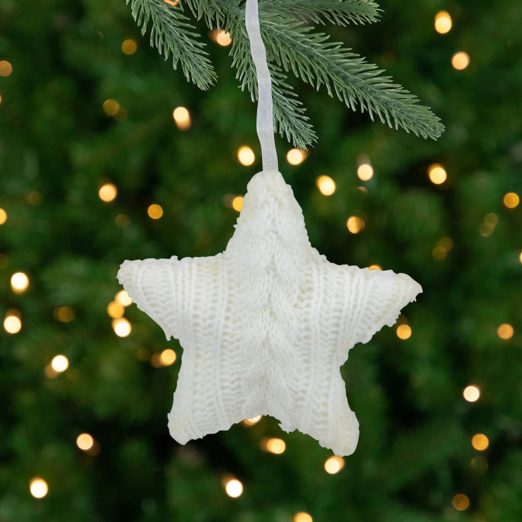 Plush Cable Knitted Star Hanging Christmas Ornament - 4" - Cream White
