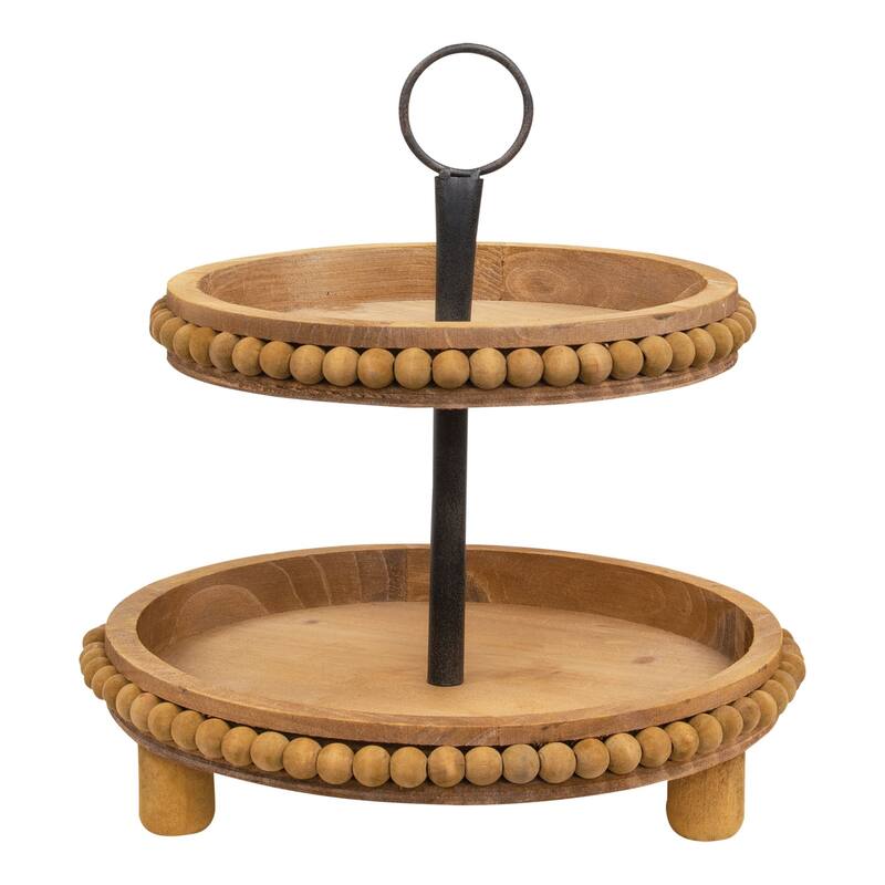 Natural Wood Beaded Two-Tiered Tray
