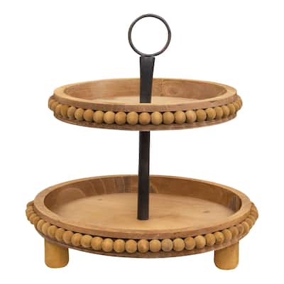 Natural Wood Beaded Two-Tiered Tray