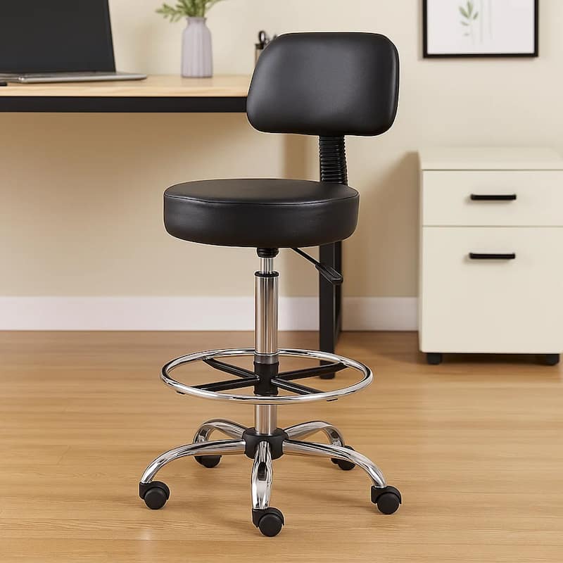 Fea Medical Drafting Stool, Black Vinyl, Low Back and Padded Seat, Chrome