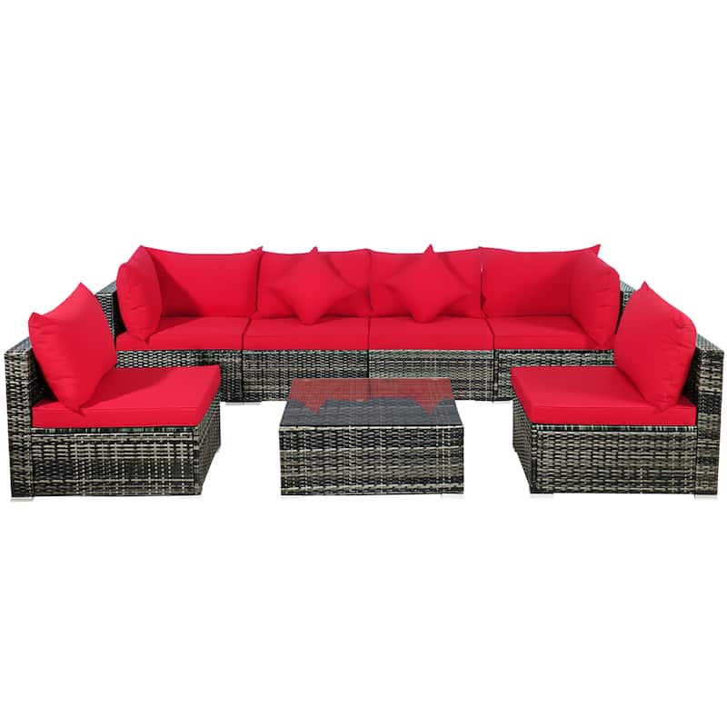 7 PCS Patio Furniture Set Sectional Rattan Sofa Set with Coffee Table - Red