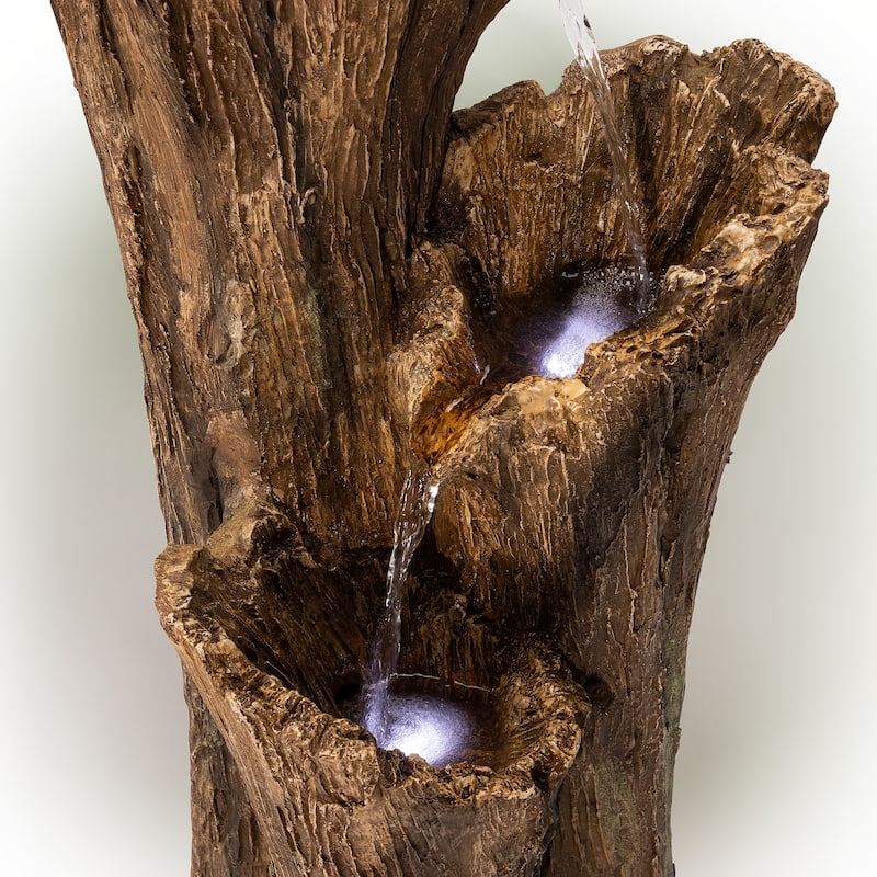 Alpine Corporation TZL210 39 Outdoor 3-Tiered Aged Log Water Fountain with LED Lights Garden Water Feature