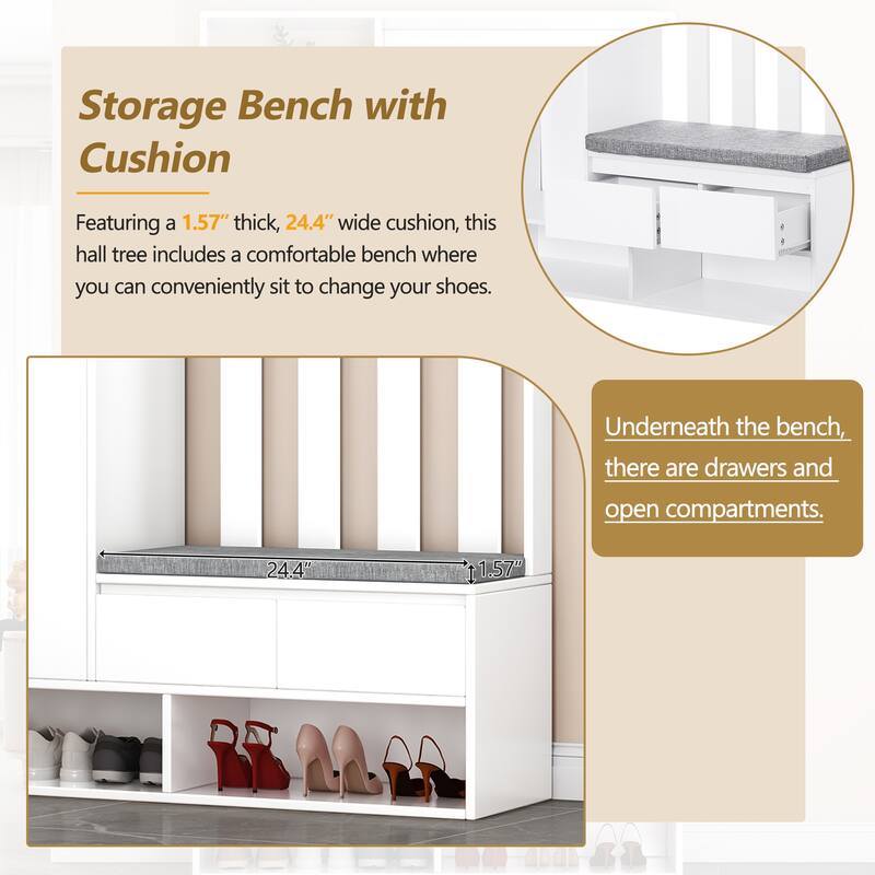 Roomfitters Modern Hall Tree with Storage Bench, Multifunctional Mudroom Cabinet with Pegboard and 4 Hooks